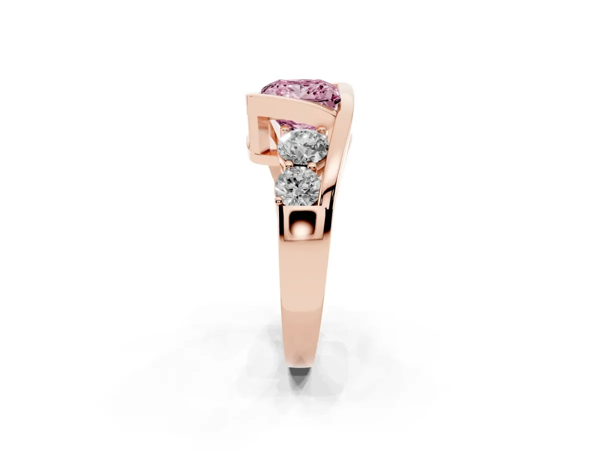 Fancy Pink Bezel Set Princess Cut Diamond Bypass Ring with Round Accents Rose gold