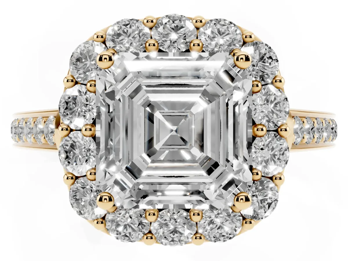 Asscher Cut Diamond Floral Halo Ring with Pavé Band and Prong Setting Yellow gold