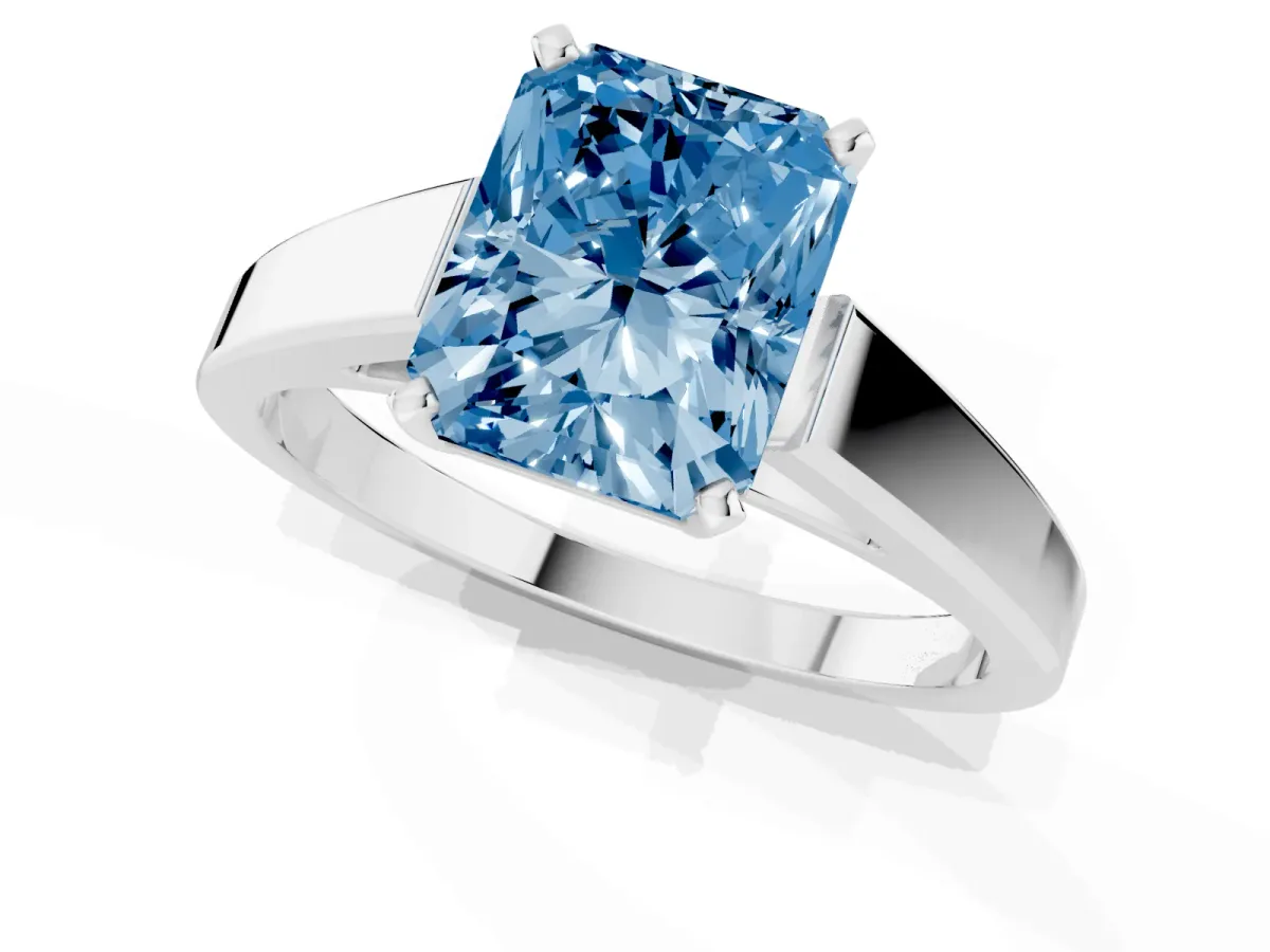 Fancy Blue Radiant Cut Solitaire Engagement Ring with Four-Prong Setting and Tapered Band Silver