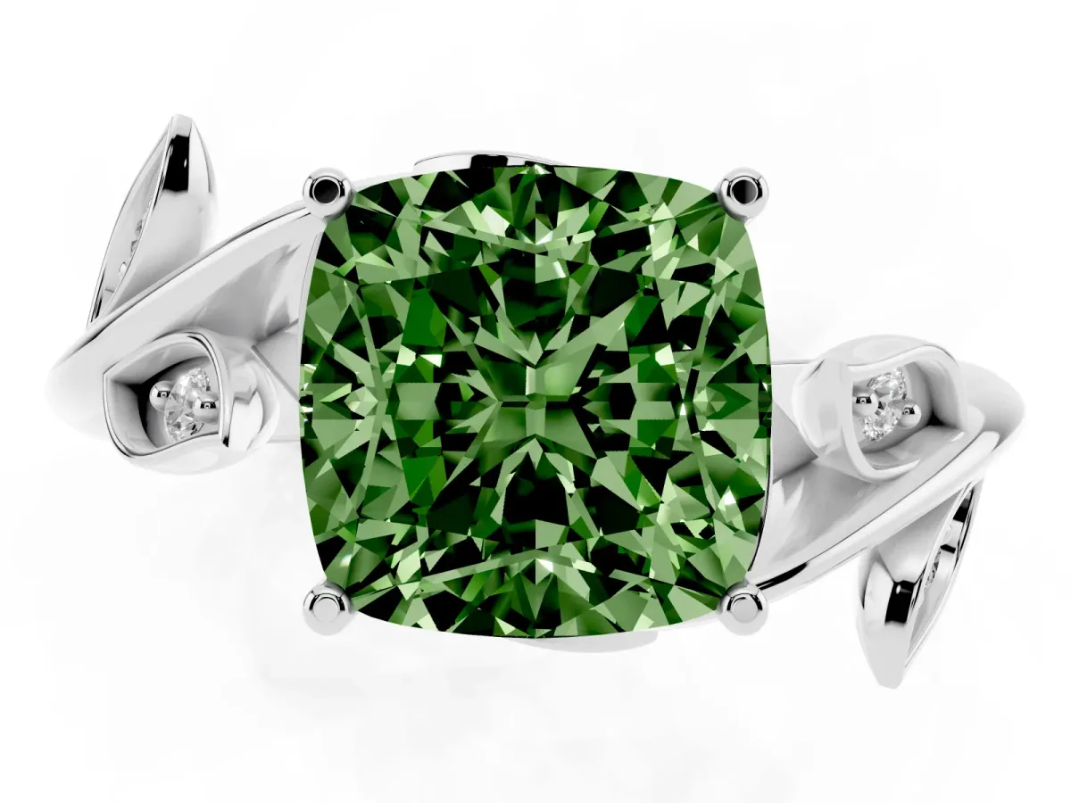 Fancy Green Cushion Cut Solitaire Twist Engagement Ring with Leaf Accents and Prong Setting Platinum