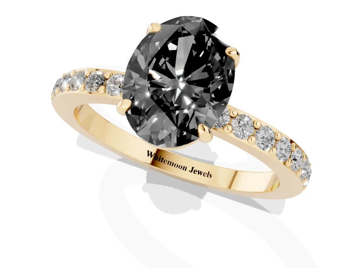 Fancy Black Oval Cut Diamond Pavé Engagement Ring with Round Accents and Prong Setting Yellow gold