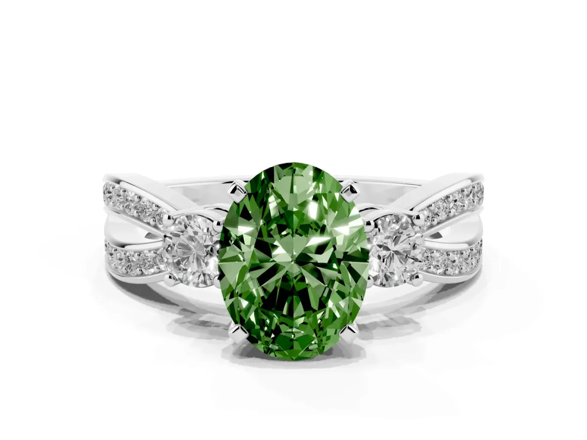 Fancy Green Three-Stone Oval Cut Cut Diamond Twist Band with Prong Setting Silver