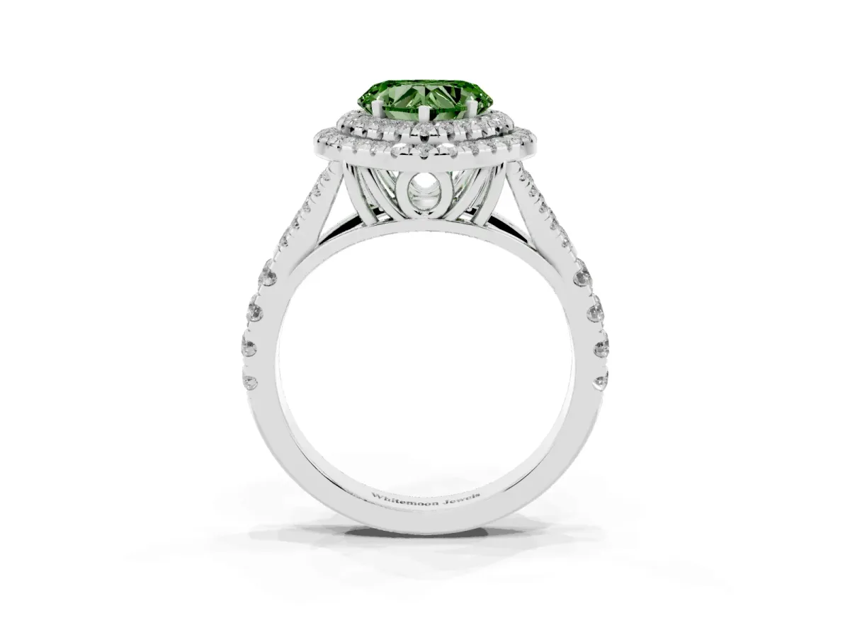 Fancy Green Heart Cut Cut Double Halo Split Shank Diamond Ring with Prong Setting Platinum