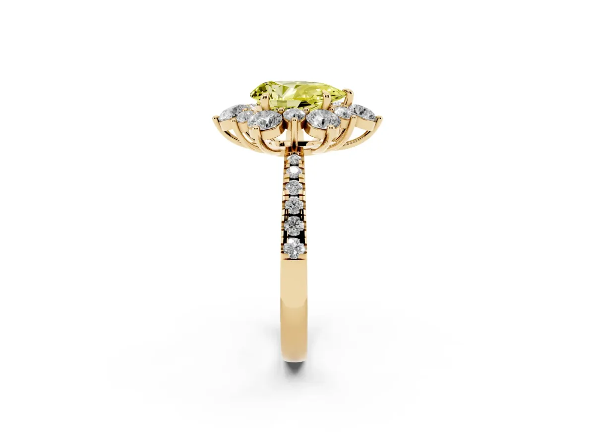 Fancy Yellow Pear Cut Diamond Floral Halo Ring with Round Pavé Band and Prong Setting Yellow gold