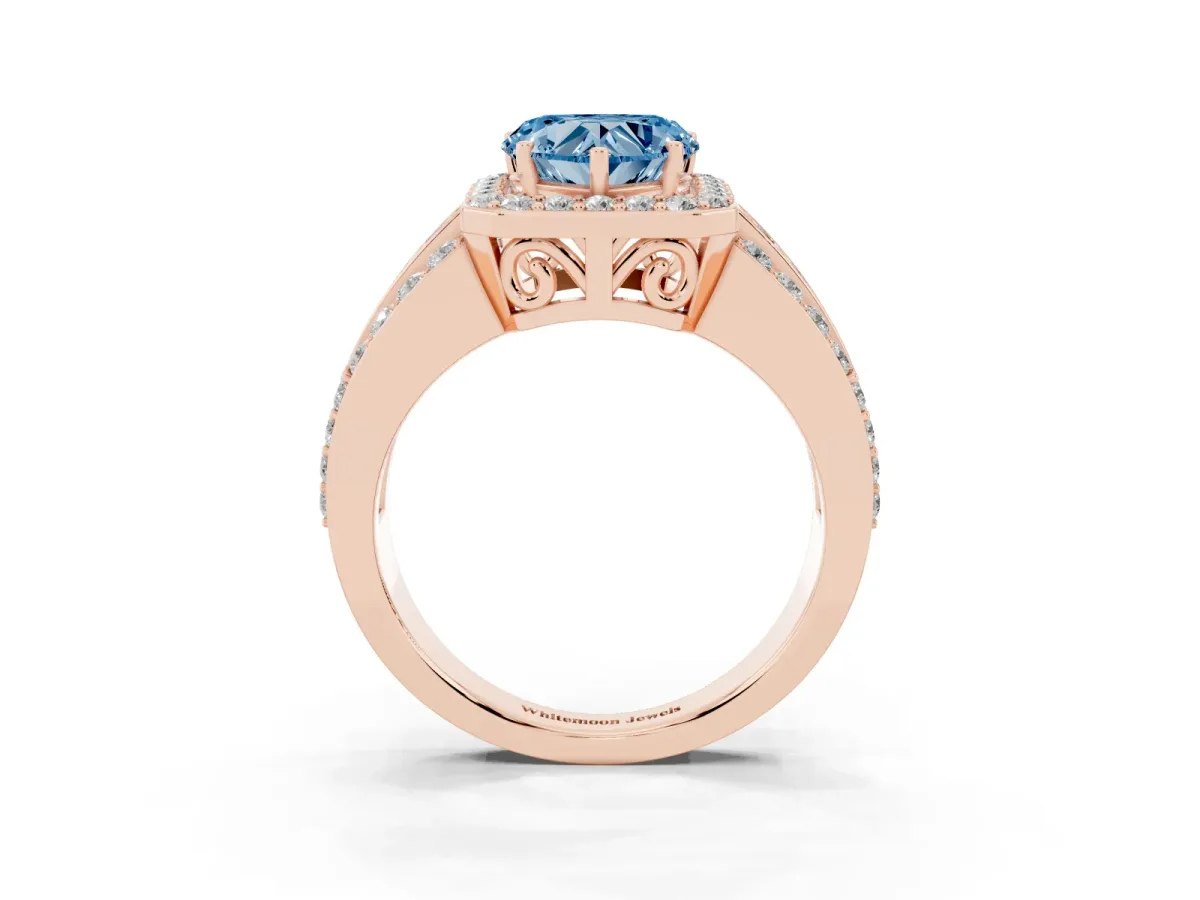 Fancy Blue Heart Cut Halo Diamond Ring with Round Split Shank and Prong Setting Rose gold