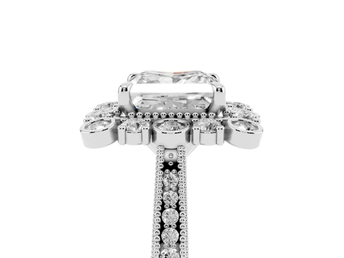 Princess Cut Halo Milgrain Pave Diamond Ring with Four-Prong Setting Silver