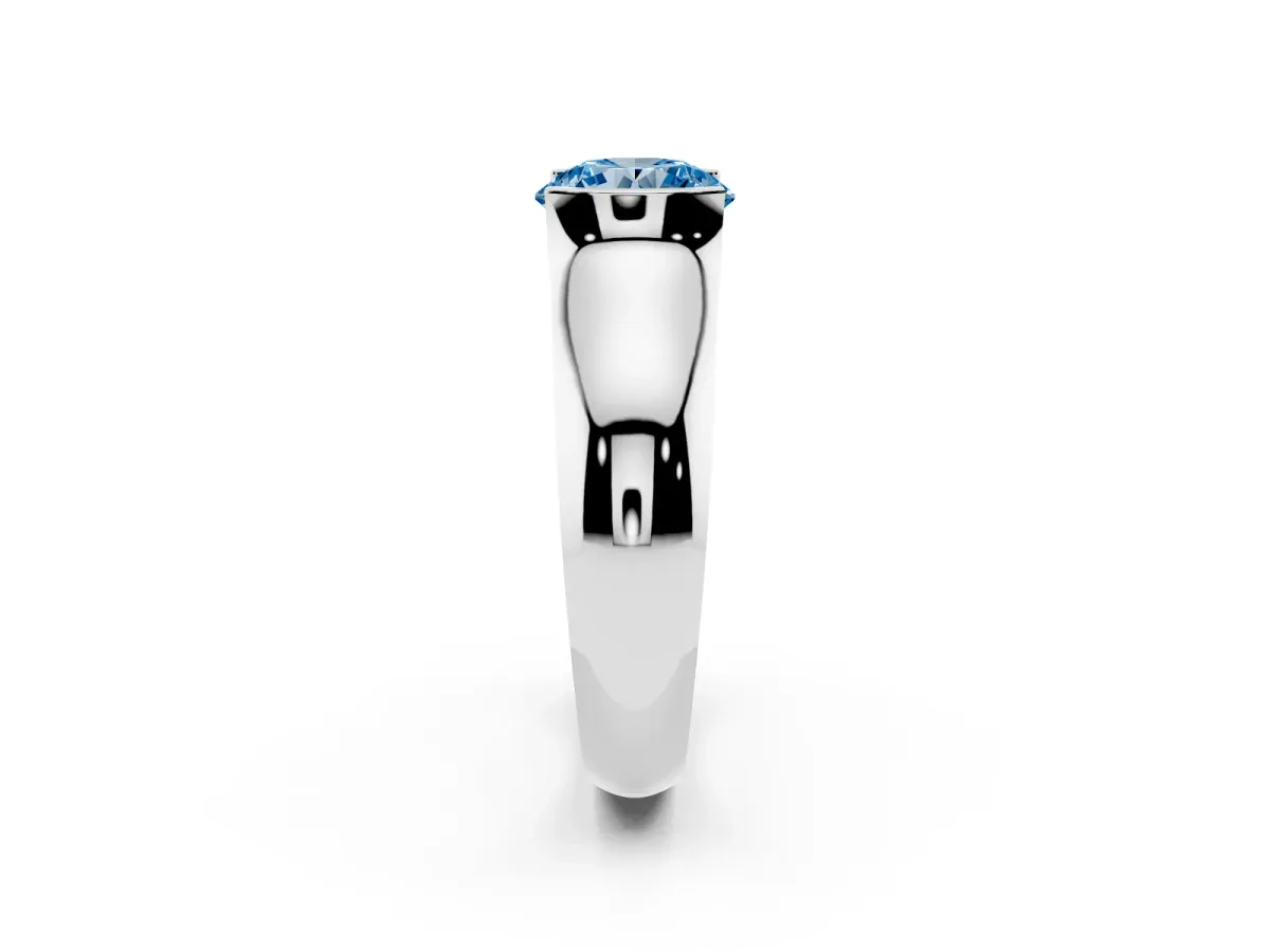 Fancy Blue Round Cut Solitaire Bezel Set Diamond Ring with Wide Band Silver