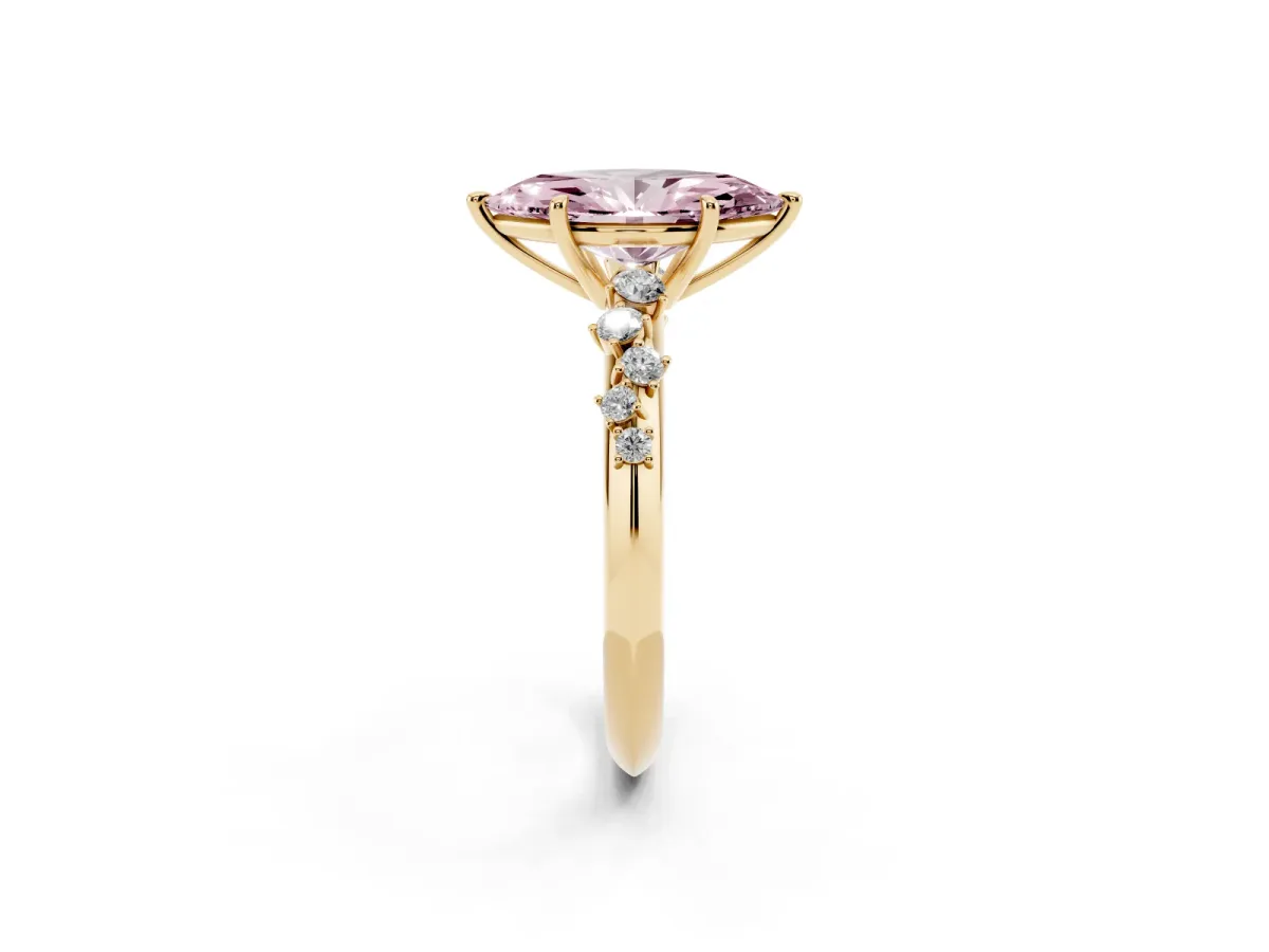 Fancy Pink Marquise Cut Diamond Cluster Side Stone Solitaire Ring with Prong Setting Yellow gold
