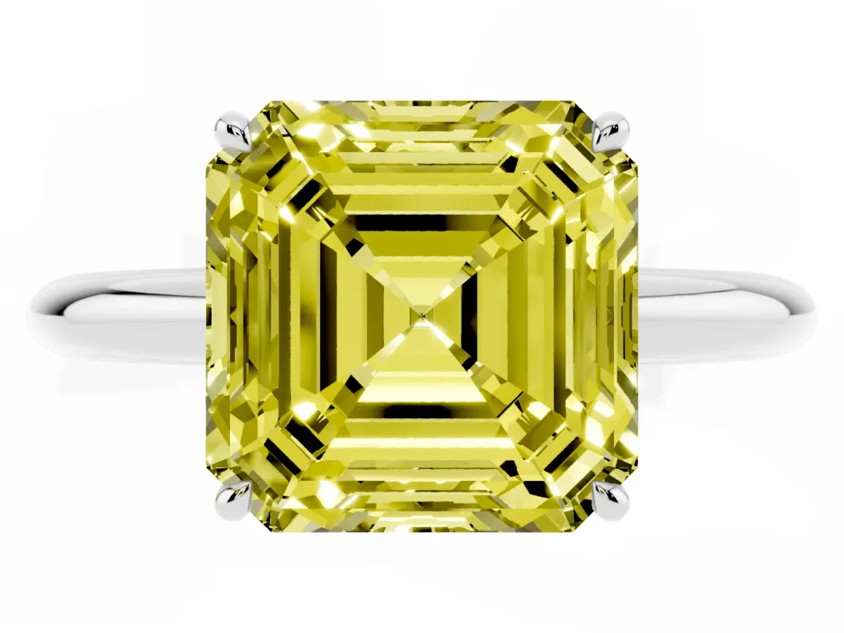 Fancy Yellow Asscher Cut Brilliant Solitaire Engagement Ring with Six-Prong Setting and Classic Band White gold