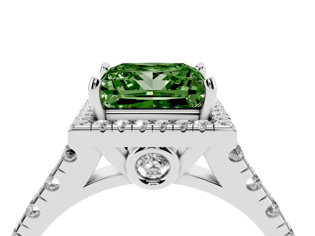 Fancy Green Princess Cut Halo Pavé Diamond Engagement Ring with Four-Prong Setting Platinum