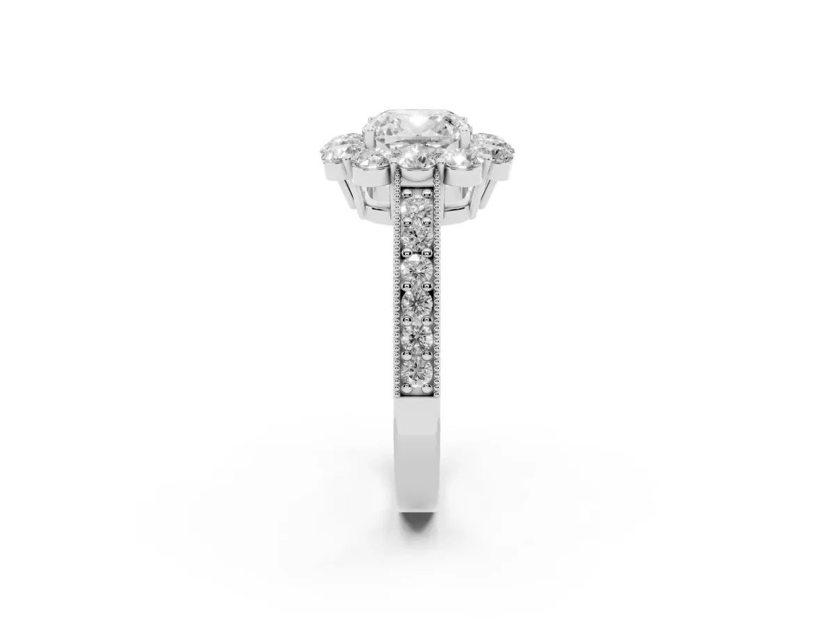 Cushion Cut Cut Halo Diamond Pavé Engagement Ring with Milgrain Detailing Silver