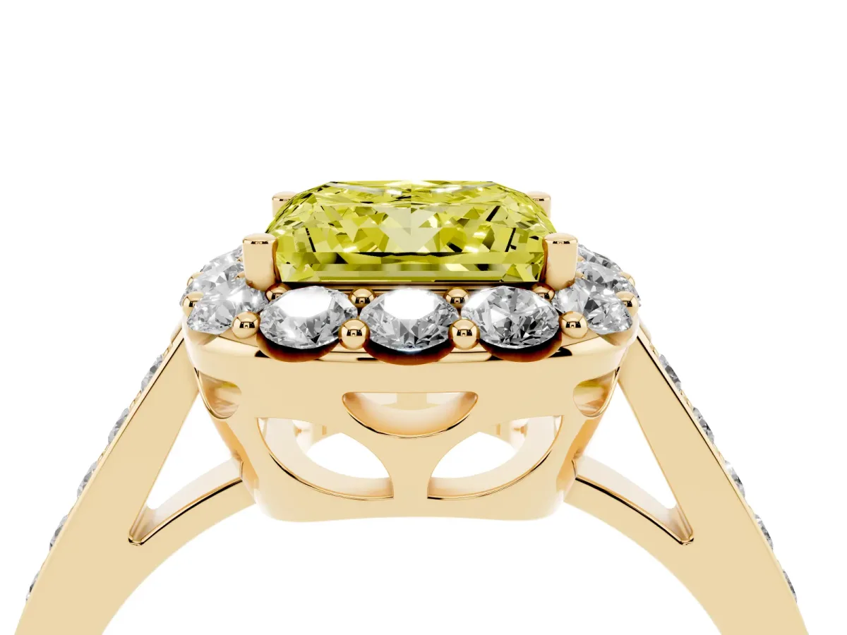Fancy Yellow Princess Cut Diamond Floral Halo Ring with Pavé Band and Prong Setting Yellow gold