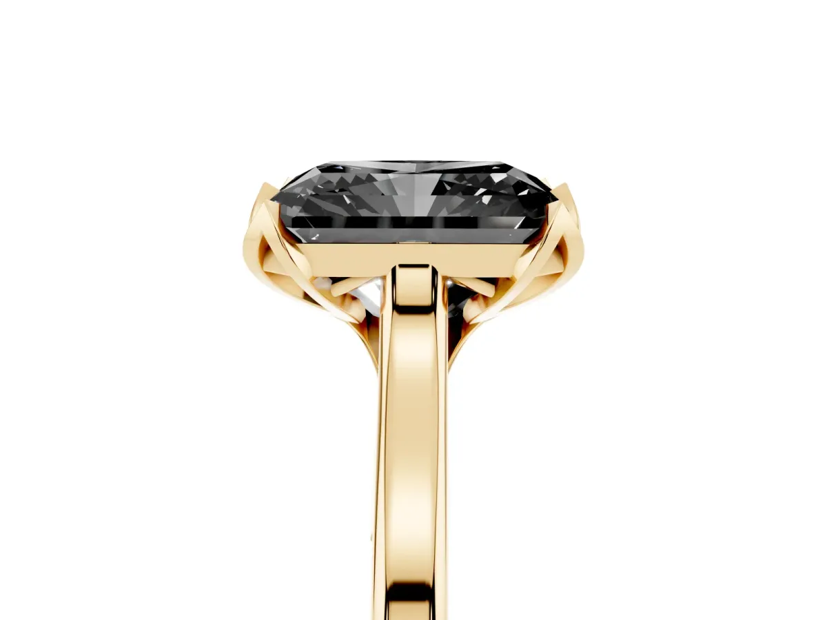 Fancy Black Radiant Cut Diamond Solitaire Ring with Flower Prong Setting and Classic Band Yellow gold