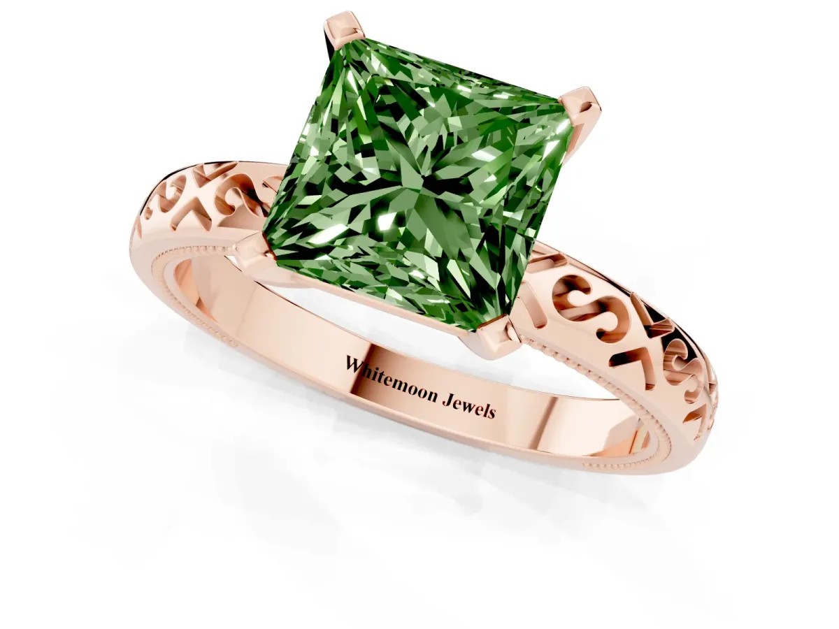 Fancy Green Princess Cut Solitaire Engagement Ring with Scrollwork Band and Four-Prong Setting Rose gold