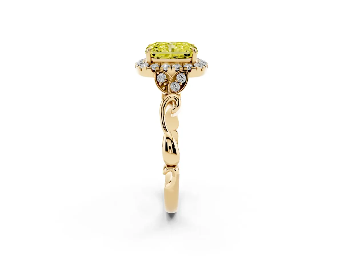 Fancy Yellow Radiant Cut Halo Diamond Engagement Ring with Vintage-Inspired Band and Four-Prong Setting Yellow gold