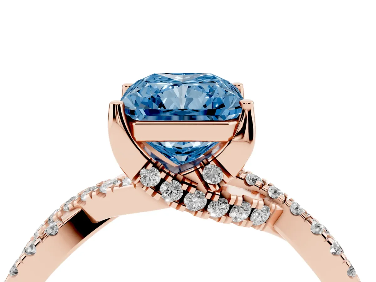Fancy Blue Radiant Cut Solitaire Twist Pave Diamond Engagement Ring with Prong Setting Rose gold