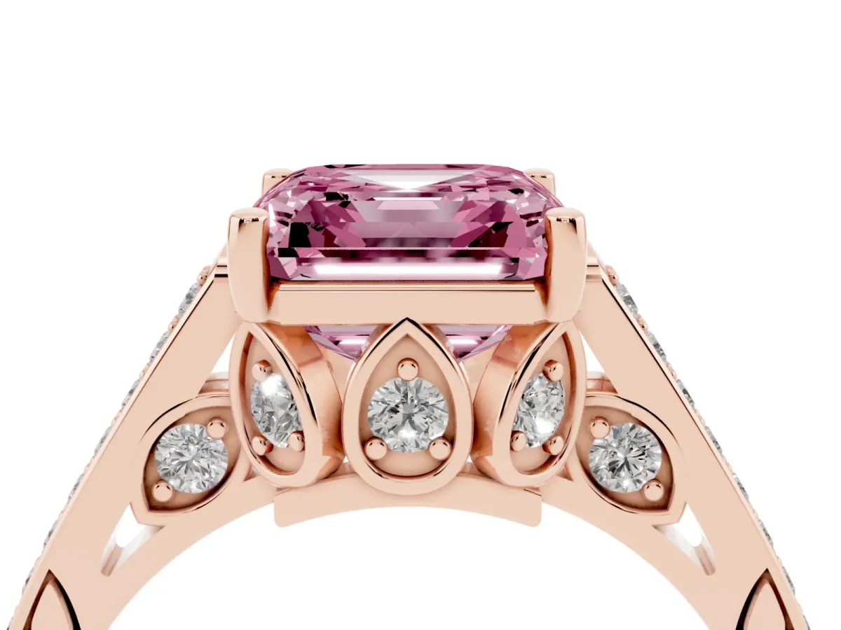 Fancy Pink Asscher Cut Cut Cathedral Pave Diamond Engagement Ring with Six-Prong Setting Rose gold
