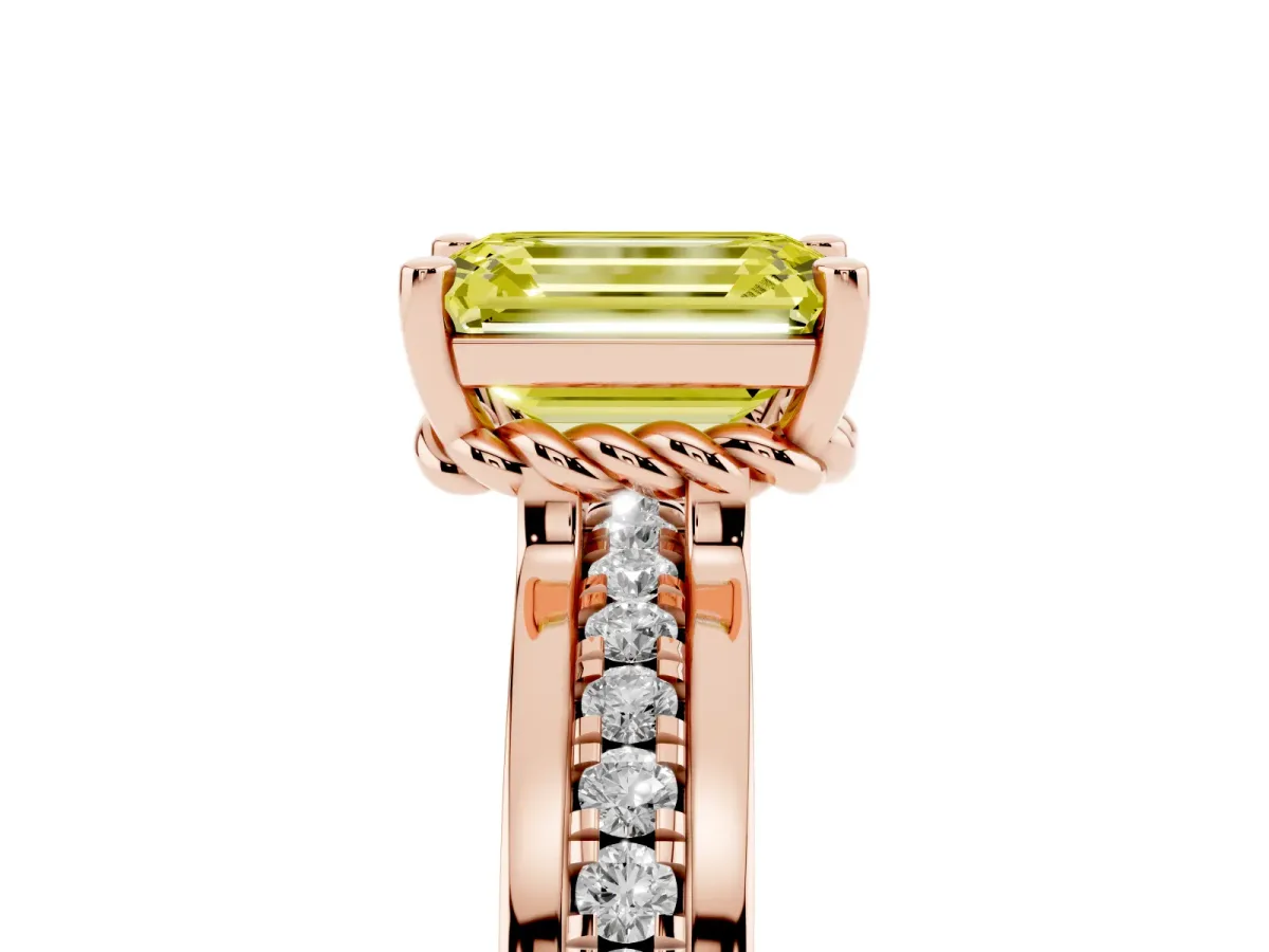Fancy Yellow Emerald Cut Solitaire Diamond Ring with Channel Set Band and Six-Prong Setting Rose gold