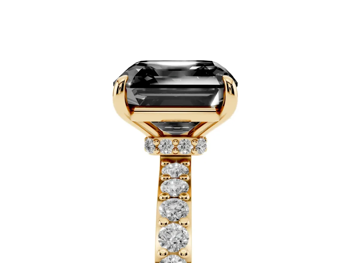 Fancy Black Asscher Cut Diamond Pavé Engagement Ring with Round Accents and Prong Setting Yellow gold