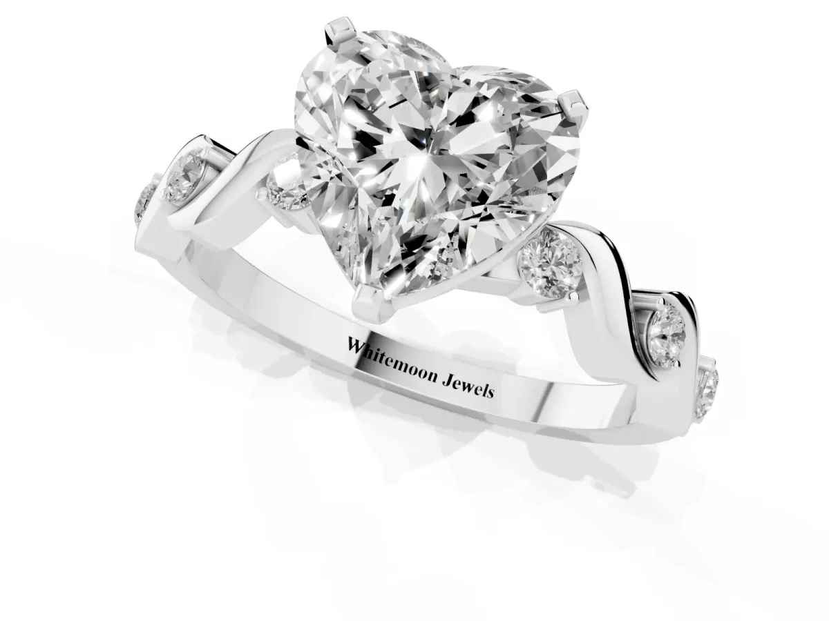 Heart Cut Diamond Solitaire Twisted Band with Round Accents and Prong Setting Silver
