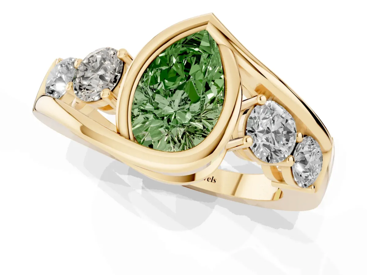 Fancy Green Bezel Set Pear Cut Diamond Bypass Ring with Round Accents Yellow gold