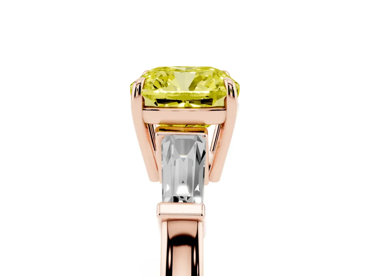 Fancy Yellow Cushion Cut Diamond Three-Stone Ring with Tapered Baguette Side Stones and Prong Setting Rose gold