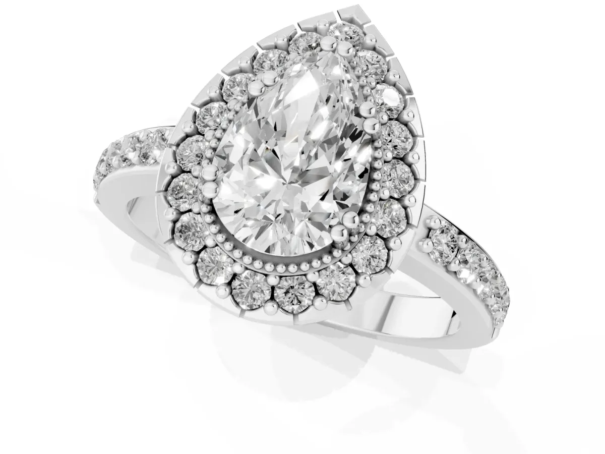 Pear Cut Diamond Halo Ring with Pavé Band and Prong Setting Silver