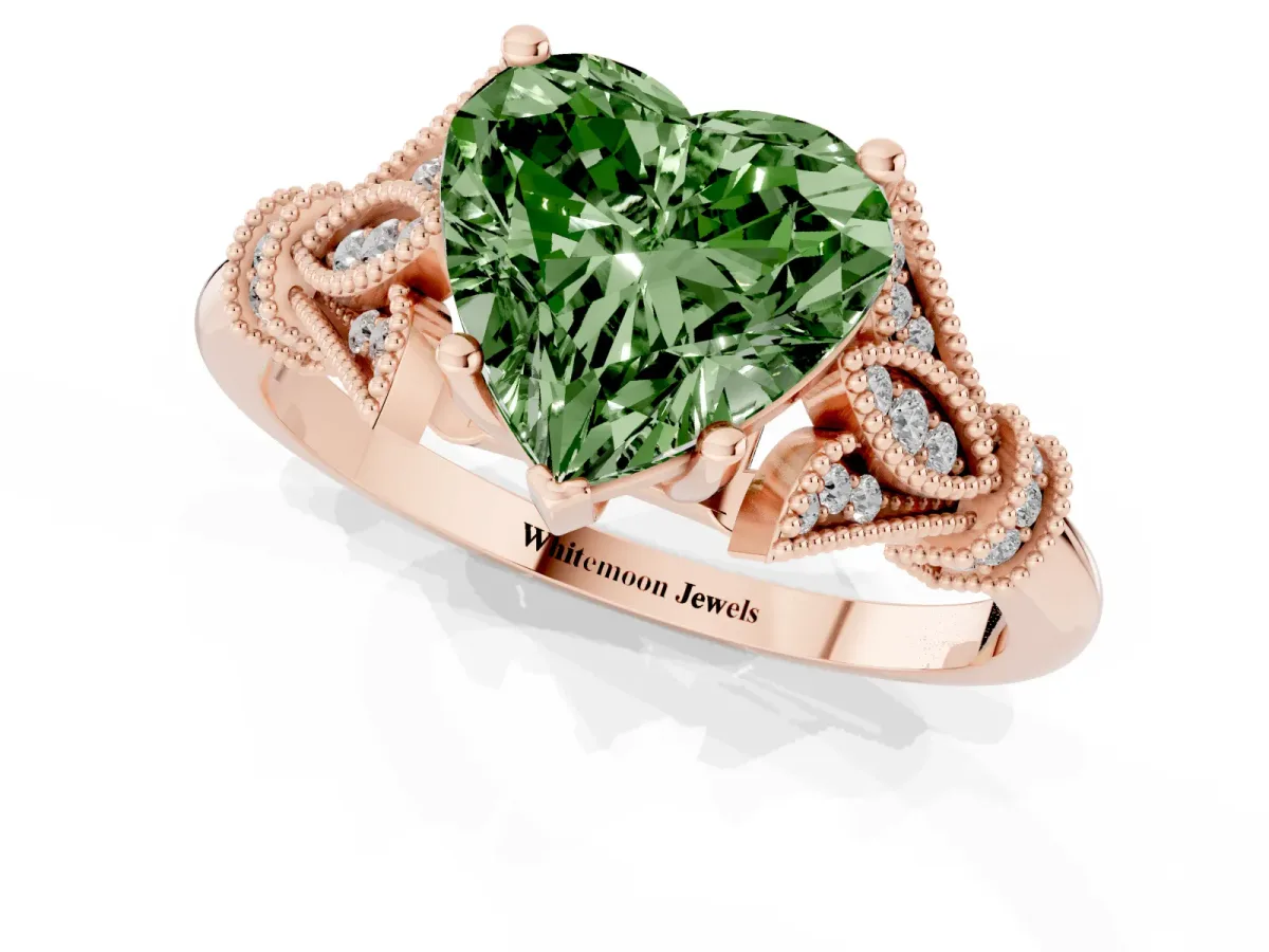 Fancy Green Heart Cut Diamond Solitaire Ring with Floral Filigree and Pave Accents Rose gold