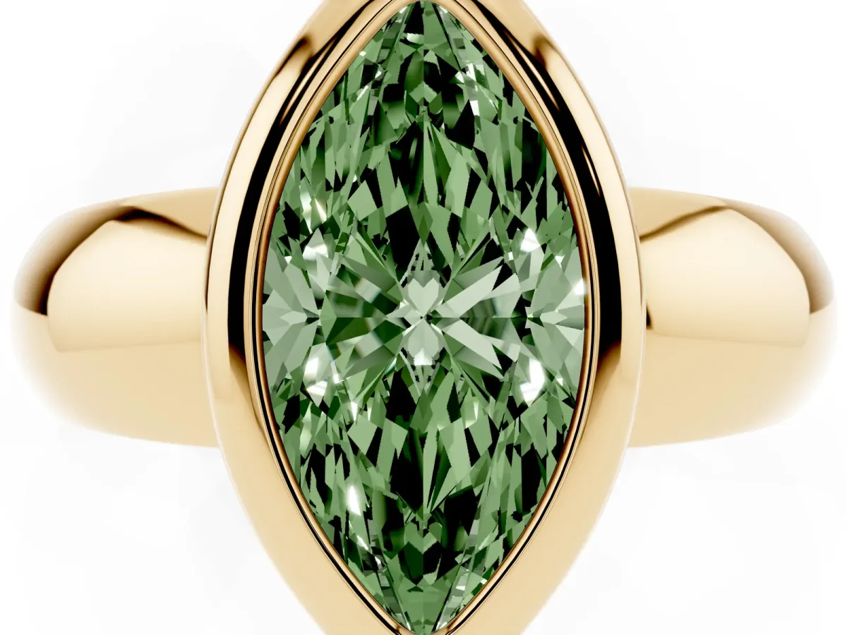 Fancy Green Bezel Set Marquise Cut Solitaire Ring with Wide Band Yellow gold