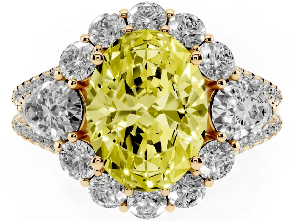 Fancy Yellow Oval Cut Halo Split Shank Diamond Engagement Ring with Prong Setting Yellow gold
