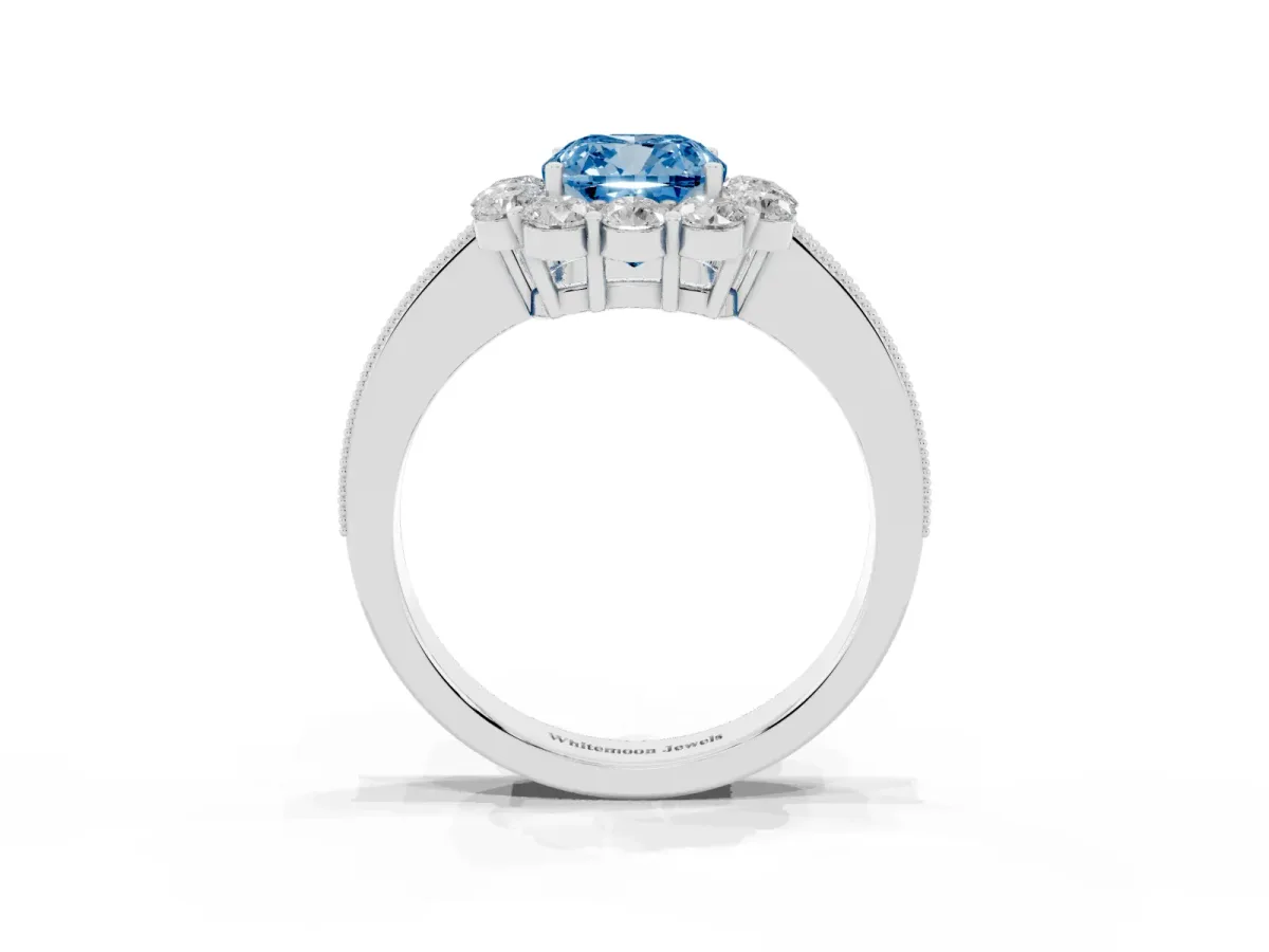 Fancy Blue Cushion Cut Cut Halo Diamond Pavé Engagement Ring with Milgrain Detailing Platinum