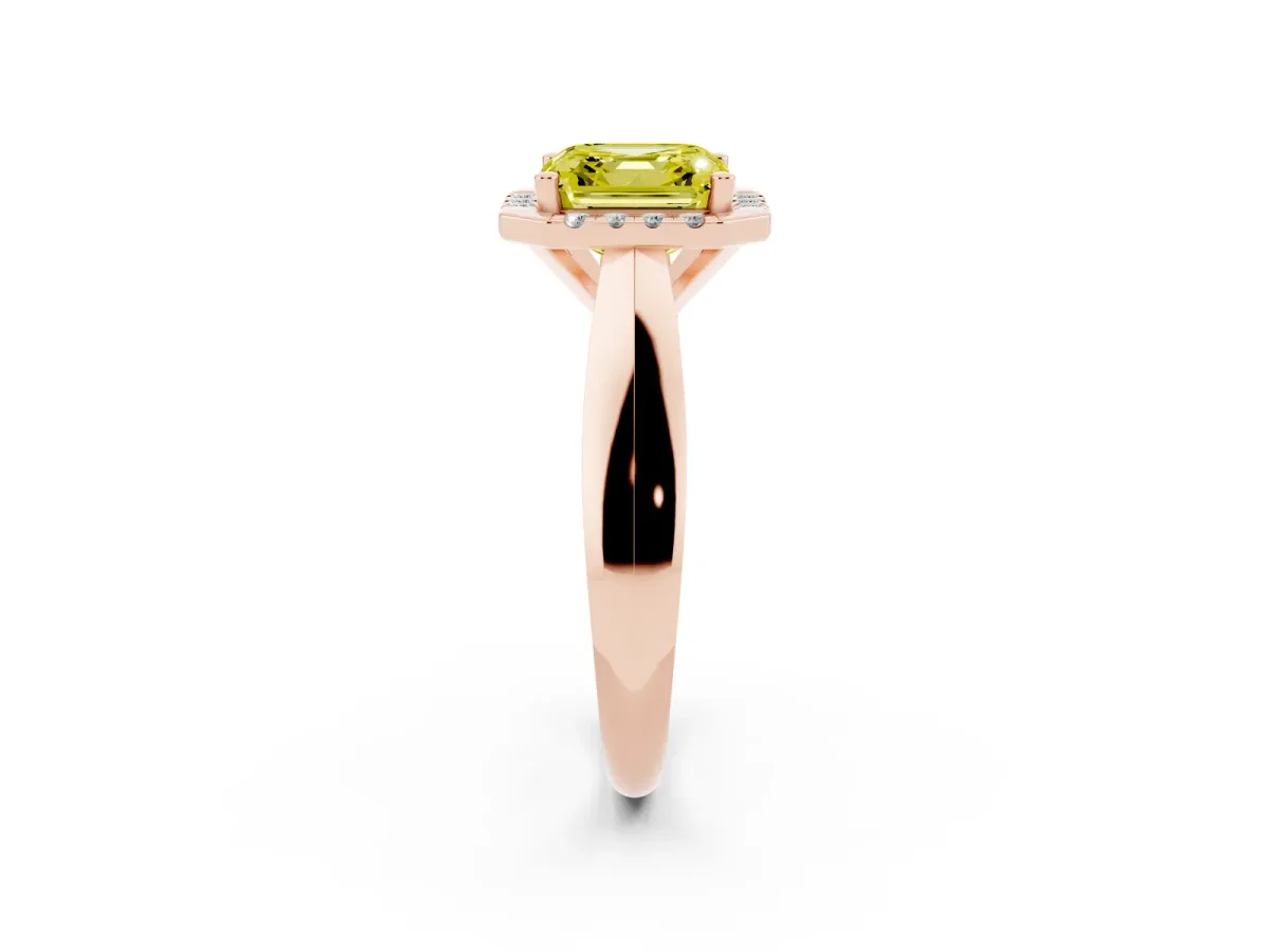 Fancy Yellow Asscher Cut Cut Halo Solitaire Engagement Ring with Square Band and Four-Prong Setting Rose gold