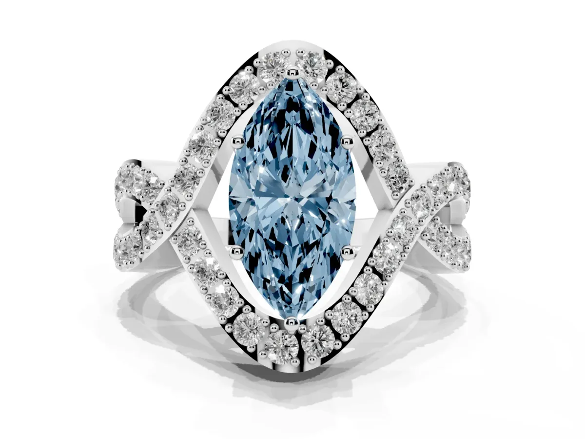 Fancy Blue Marquise Cut Solitaire Twist Band Pavé Diamond Engagement Ring White gold