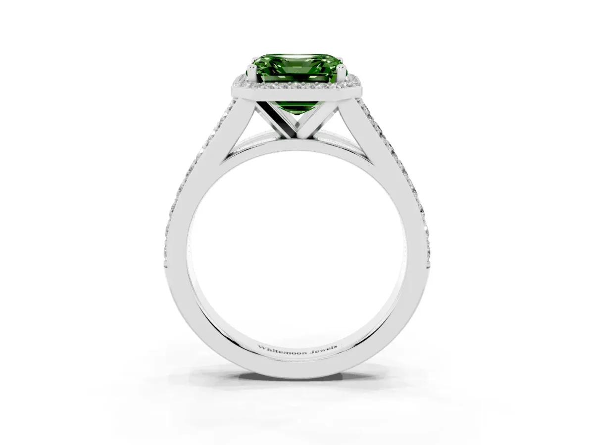 Fancy Green Asscher Cut Diamond Split Shank Halo Ring with Four-Prong Setting Platinum