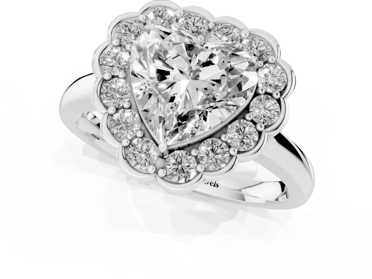 Heart Cut Halo Cluster Diamond Engagement Ring with Solitaire Band and Prong Setting Platinum