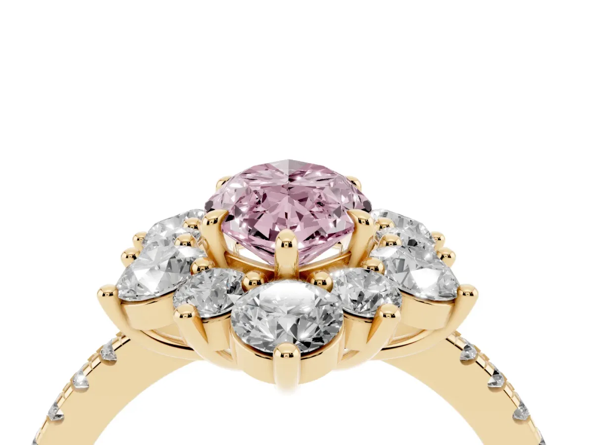 Fancy Pink Marquise Cut Diamond Floral Halo Ring with Round Pavé Band and Prong Setting Yellow gold
