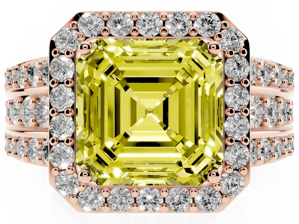 Fancy Yellow Asscher Cut Halo Diamond Ring with Round Split Shank and Prong Setting Rose gold