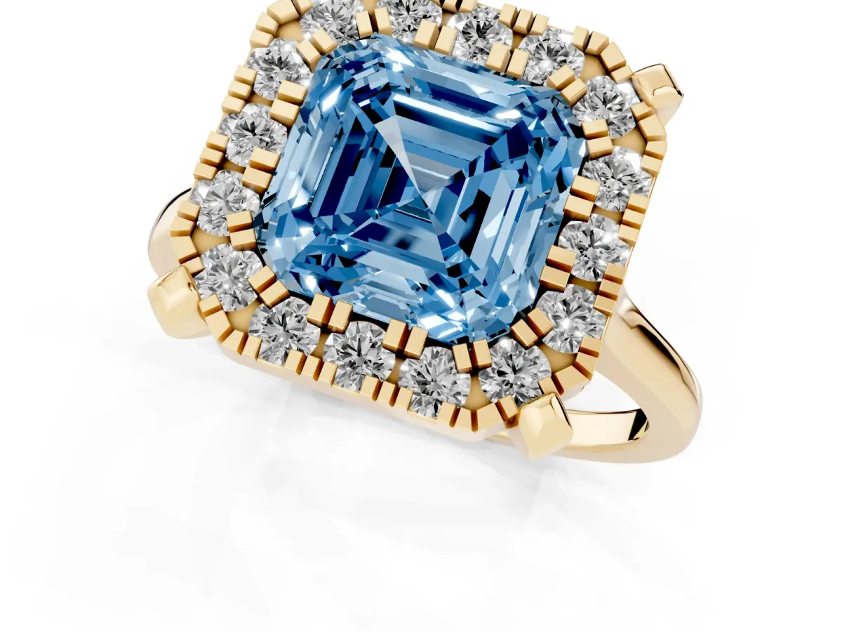 Fancy Blue Asscher Cut Diamond Cluster Halo Solitaire with Four-Prong Setting Yellow gold