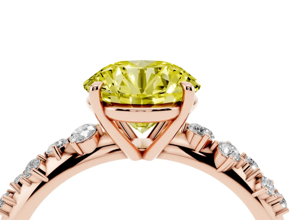 Fancy Yellow Round Cut Diamond Cluster Side Stone Solitaire Ring with Prong Setting Rose gold