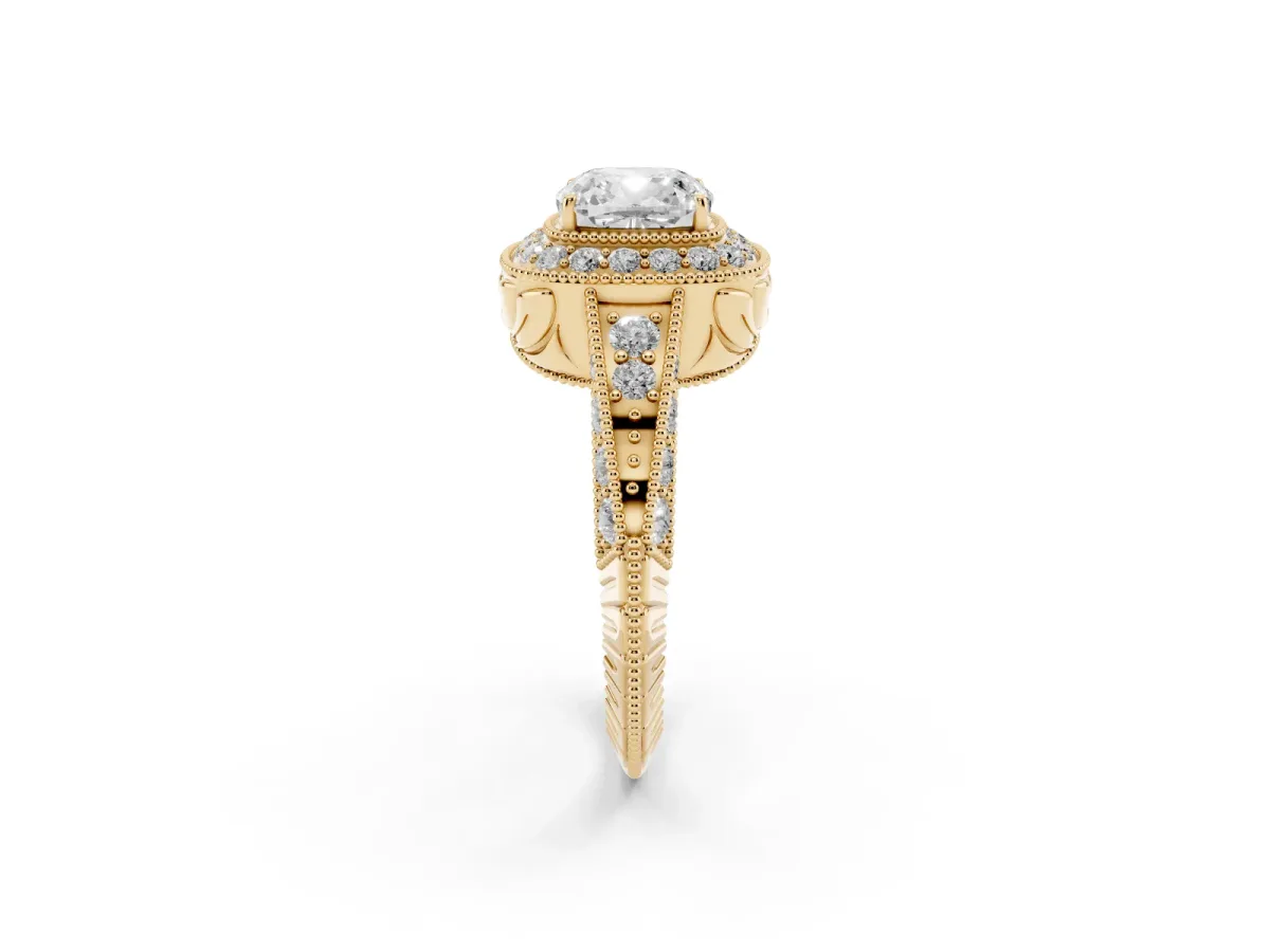 Cushion Cut Halo Diamond Split Shank Ring with Milgrain Detail Yellow gold