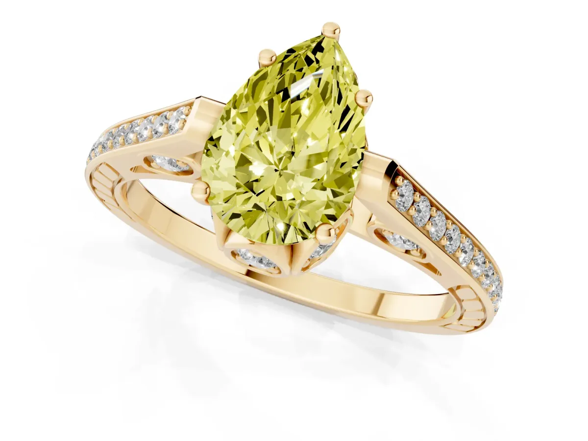 Fancy Yellow Pear Cut Cut Cathedral Pave Diamond Engagement Ring with Six-Prong Setting Yellow gold