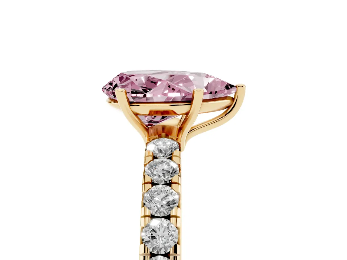 Fancy Pink Pear Cut Diamond Pavé Solitaire Engagement Ring with Four-Prong Setting Yellow gold