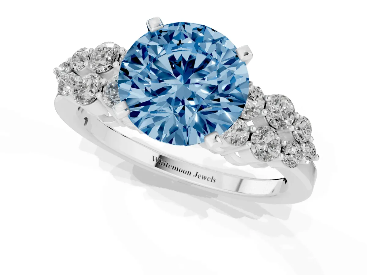 Fancy Blue Round Cut Cluster Diamond Engagement Ring with Pavé Band and Four-Prong Setting Silver