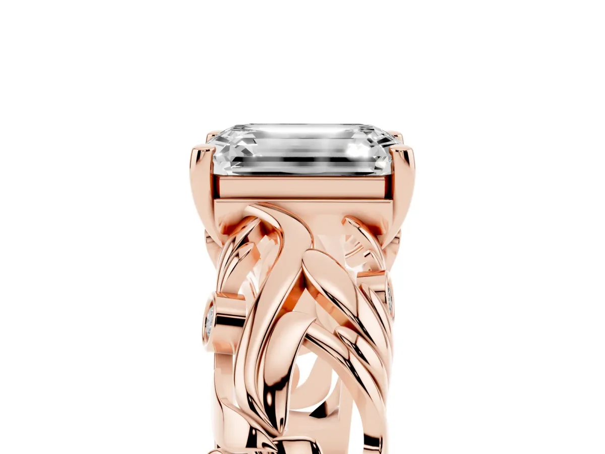 Emerald Cut Solitaire Diamond Leaf-Inspired Vine Band Ring with Prong Setting Rose gold