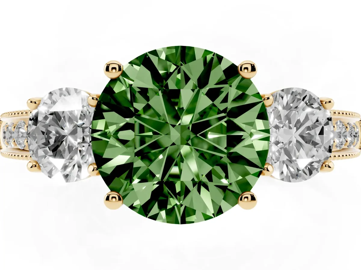 Fancy Green Round Cut Three-Stone Diamond Ring with Pavé Band and Four-Prong Setting Yellow gold