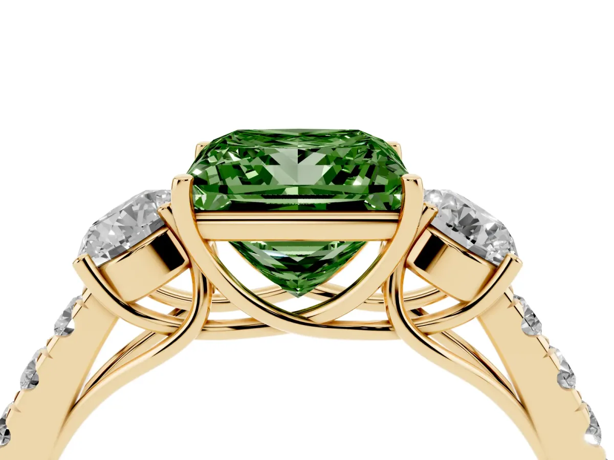 Fancy Green Princess Cut Cut Diamond Three-Stone Ring with Round Side Stones and Pavé Band Yellow gold