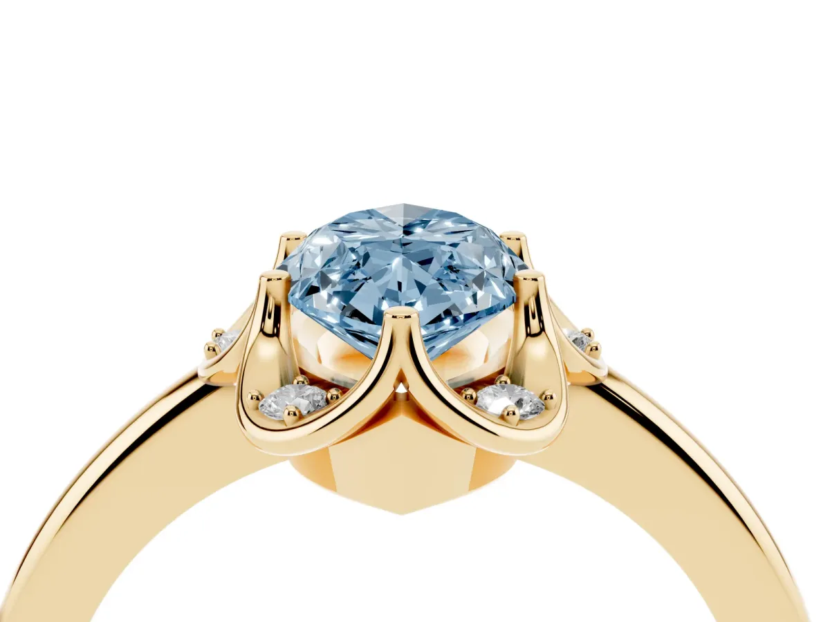 Fancy Blue Marquise Cut Halo Diamond Ring with Round Cluster Setting, Solitaire Band, and Four-Prong Setting Yellow gold