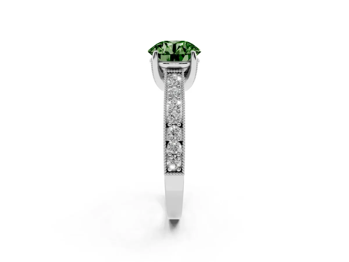 Fancy Green Round Cut Cut Diamond Solitaire Ring with Milgrain Pave Band and Four Prong Setting White gold