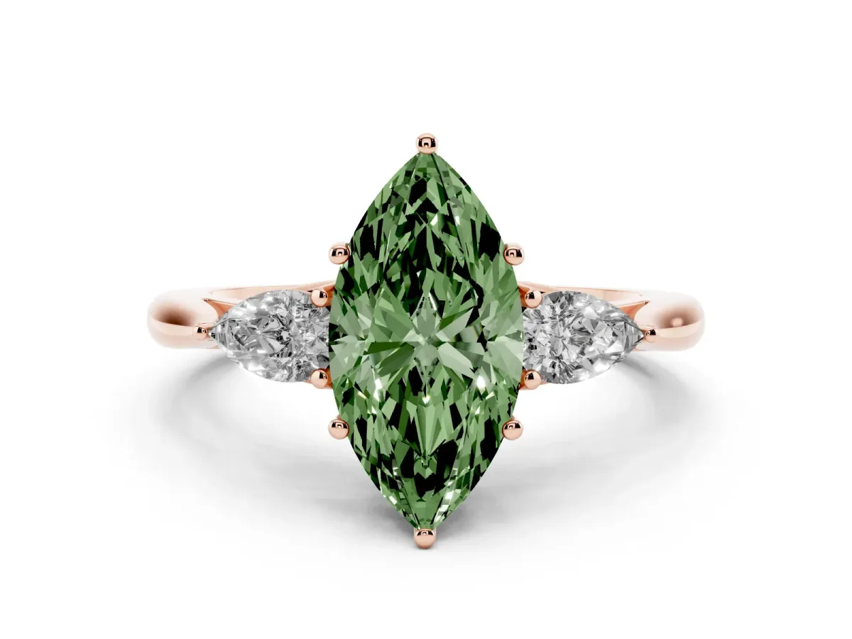 Fancy Green Marquise Cut Diamond Three-Stone Ring with Pear Side Stones and Prong Setting Rose gold