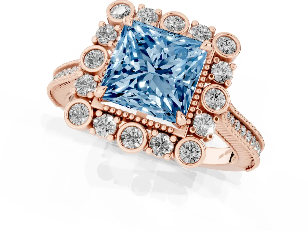 Fancy Blue Princess Cut Halo Milgrain Pave Diamond Ring with Four-Prong Setting Rose gold